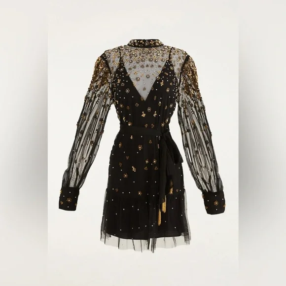 FARM RIO Black Embroidered Tulle Overlay Belted Long Sleeve Mini Dress,Small,398 - Picture 3 of 16